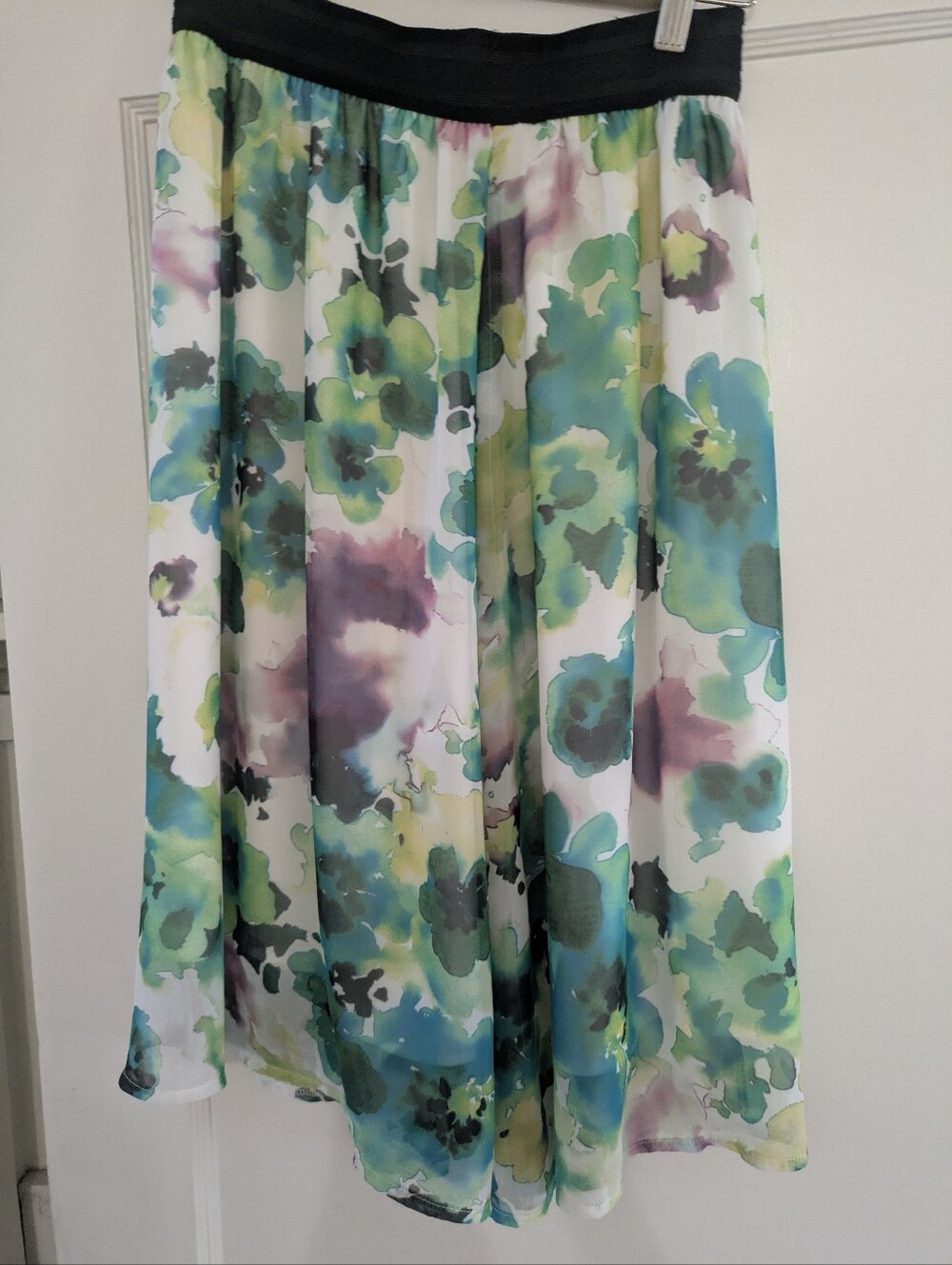 Floral Watercolor Midi Skirt in Green and Teal